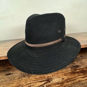 Fedora Black 100% Cotton Canvas Brown Leather‎ Trim small/medium hat